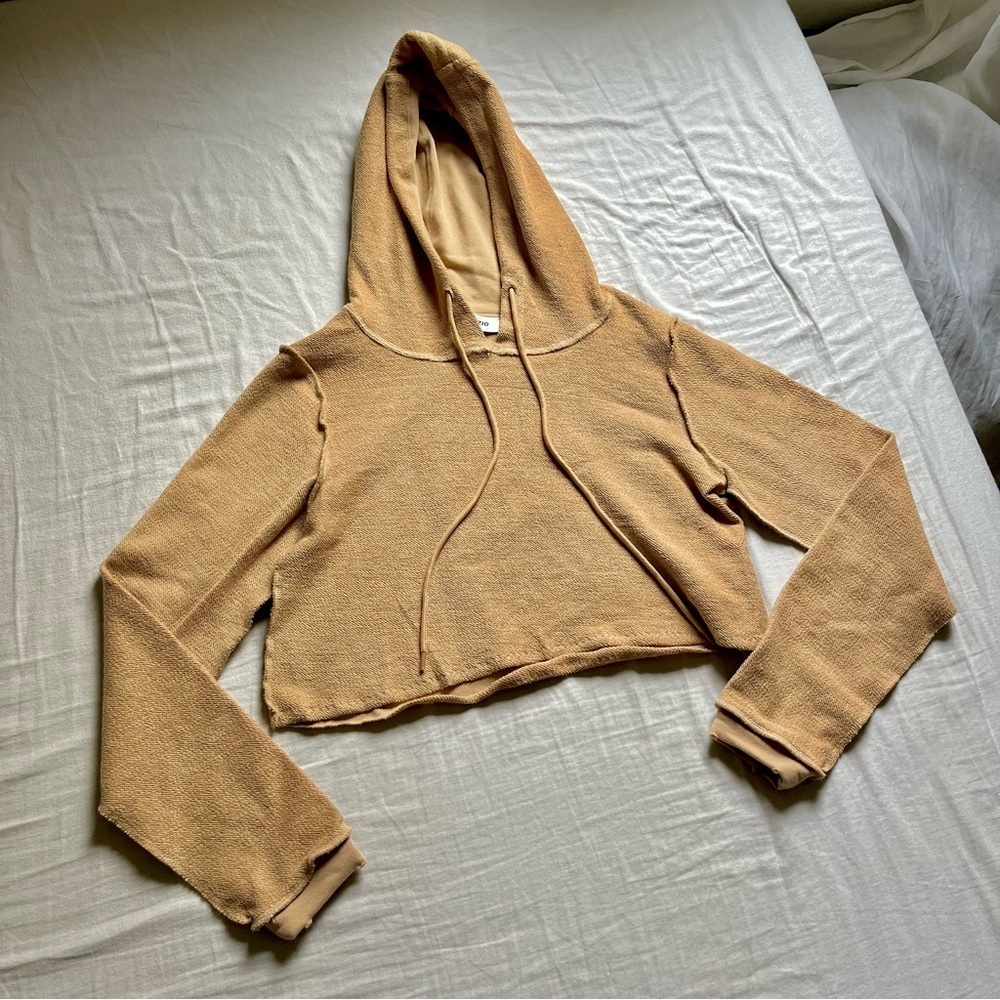 Danielle Guizio tan yellow reverse terry raw hem cropped hoodie sweater